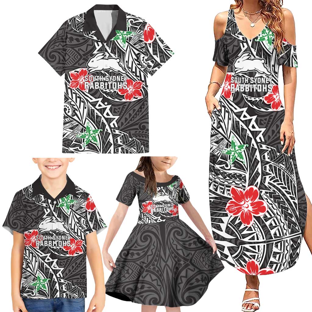 Personalised South Sydney Rabbitohs Family Matching Summer Maxi Dress and Hawaiian Shirt Polynesian Tribal Pattern With Rugby Rabbit Mascot Art