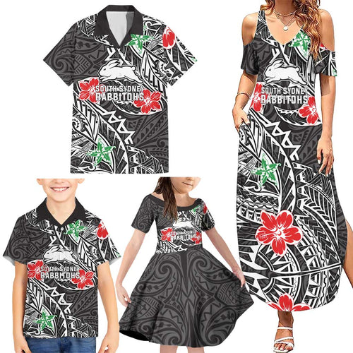 Personalised South Sydney Rabbitohs Family Matching Summer Maxi Dress and Hawaiian Shirt Polynesian Tribal Pattern With Rugby Rabbit Mascot Art
