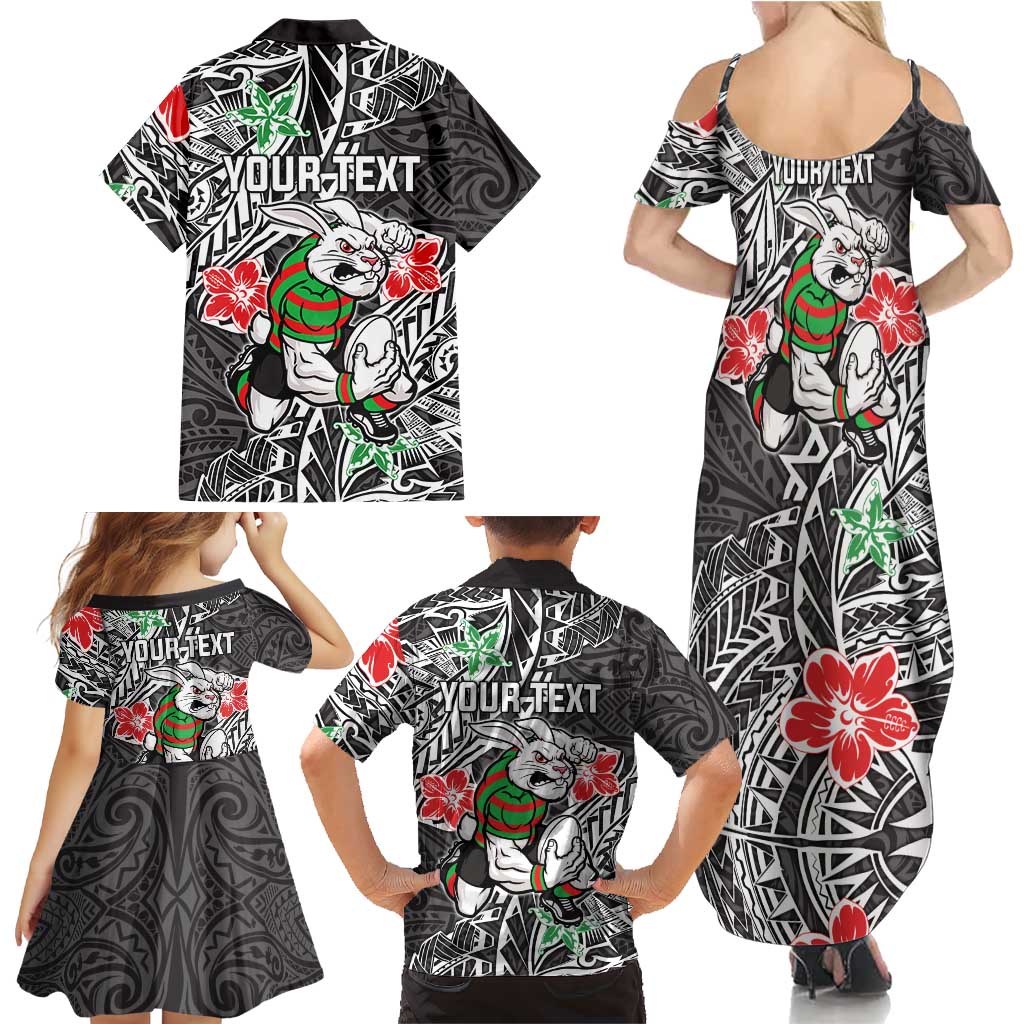 Personalised South Sydney Rabbitohs Family Matching Summer Maxi Dress and Hawaiian Shirt Polynesian Tribal Pattern With Rugby Rabbit Mascot Art