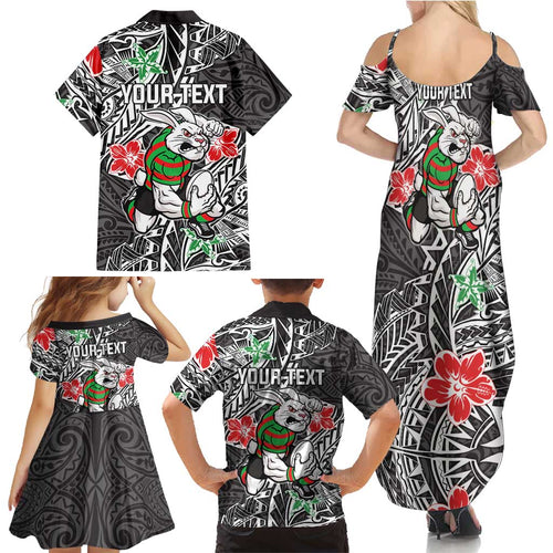 Personalised South Sydney Rabbitohs Family Matching Summer Maxi Dress and Hawaiian Shirt Polynesian Tribal Pattern With Rugby Rabbit Mascot Art