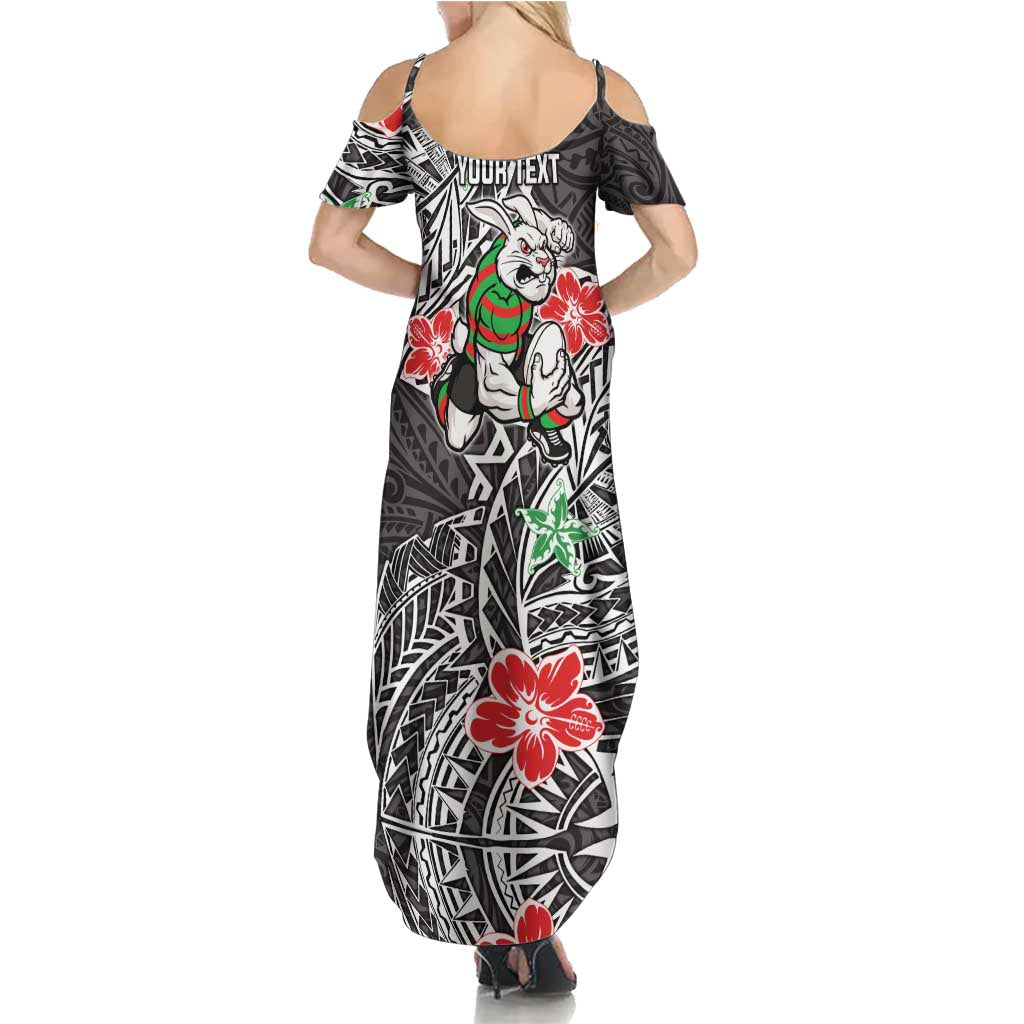 Personalised South Sydney Rabbitohs Family Matching Summer Maxi Dress and Hawaiian Shirt Polynesian Tribal Pattern With Rugby Rabbit Mascot Art