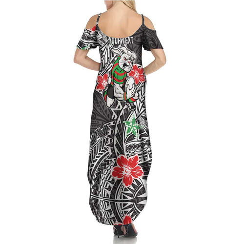 Personalised South Sydney Rabbitohs Family Matching Summer Maxi Dress and Hawaiian Shirt Polynesian Tribal Pattern With Rugby Rabbit Mascot Art