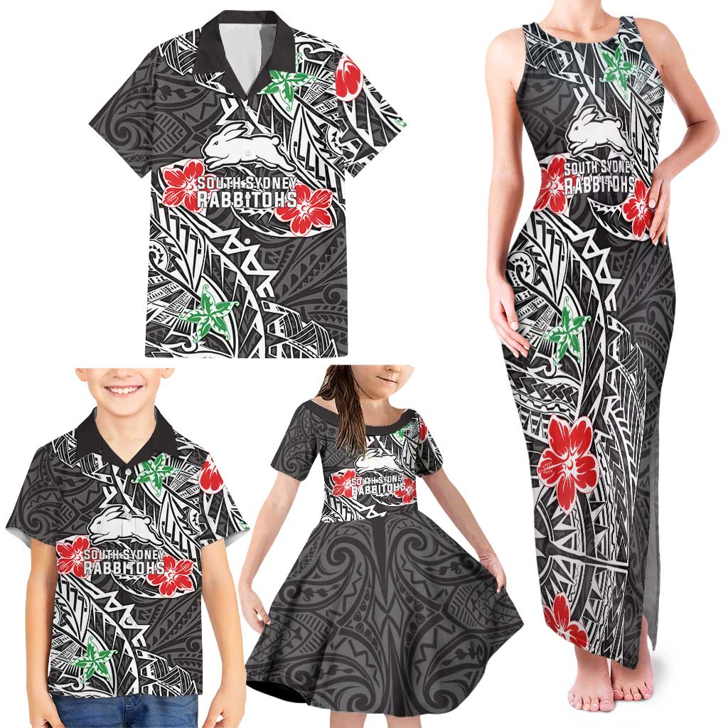 Personalised South Sydney Rabbitohs Family Matching Tank Maxi Dress and Hawaiian Shirt Polynesian Tribal Pattern With Rugby Rabbit Mascot Art