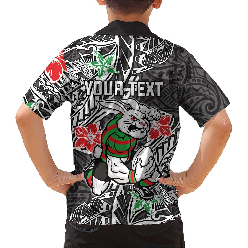 Personalised South Sydney Rabbitohs Family Matching Tank Maxi Dress and Hawaiian Shirt Polynesian Tribal Pattern With Rugby Rabbit Mascot Art