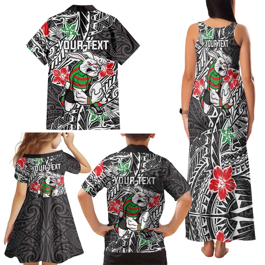 Personalised South Sydney Rabbitohs Family Matching Tank Maxi Dress and Hawaiian Shirt Polynesian Tribal Pattern With Rugby Rabbit Mascot Art
