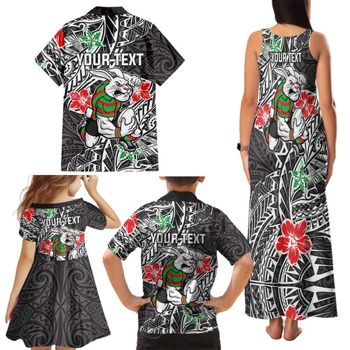 Personalised South Sydney Rabbitohs Family Matching Tank Maxi Dress and Hawaiian Shirt Polynesian Tribal Pattern With Rugby Rabbit Mascot Art