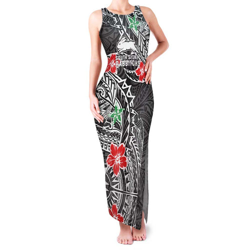 Personalised South Sydney Rabbitohs Family Matching Tank Maxi Dress and Hawaiian Shirt Polynesian Tribal Pattern With Rugby Rabbit Mascot Art