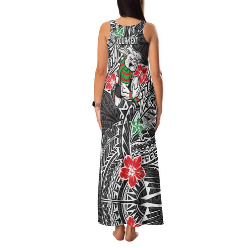 Personalised South Sydney Rabbitohs Family Matching Tank Maxi Dress and Hawaiian Shirt Polynesian Tribal Pattern With Rugby Rabbit Mascot Art