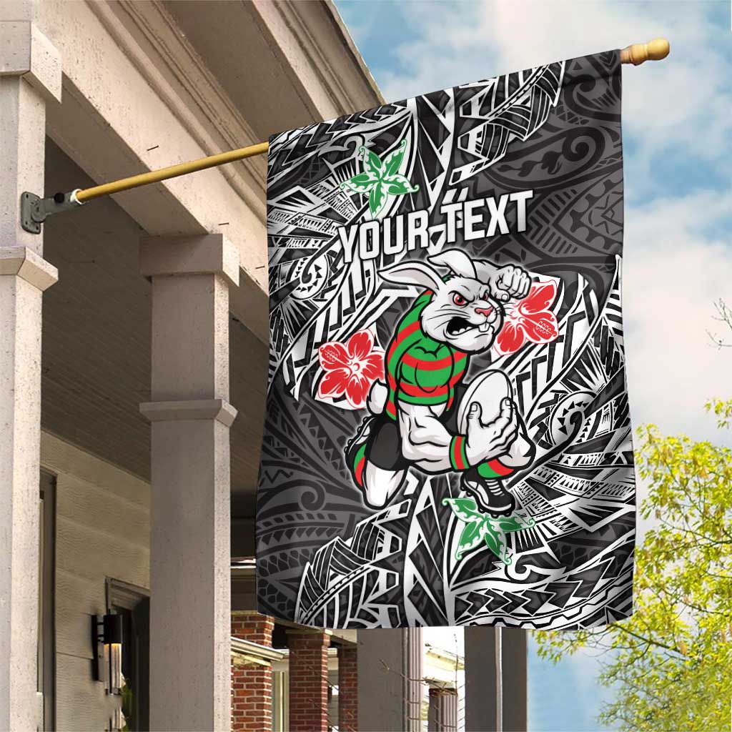 Personalised South Sydney Rabbitohs Garden Flag Polynesian Tribal Pattern With Rugby Rabbit Mascot Art