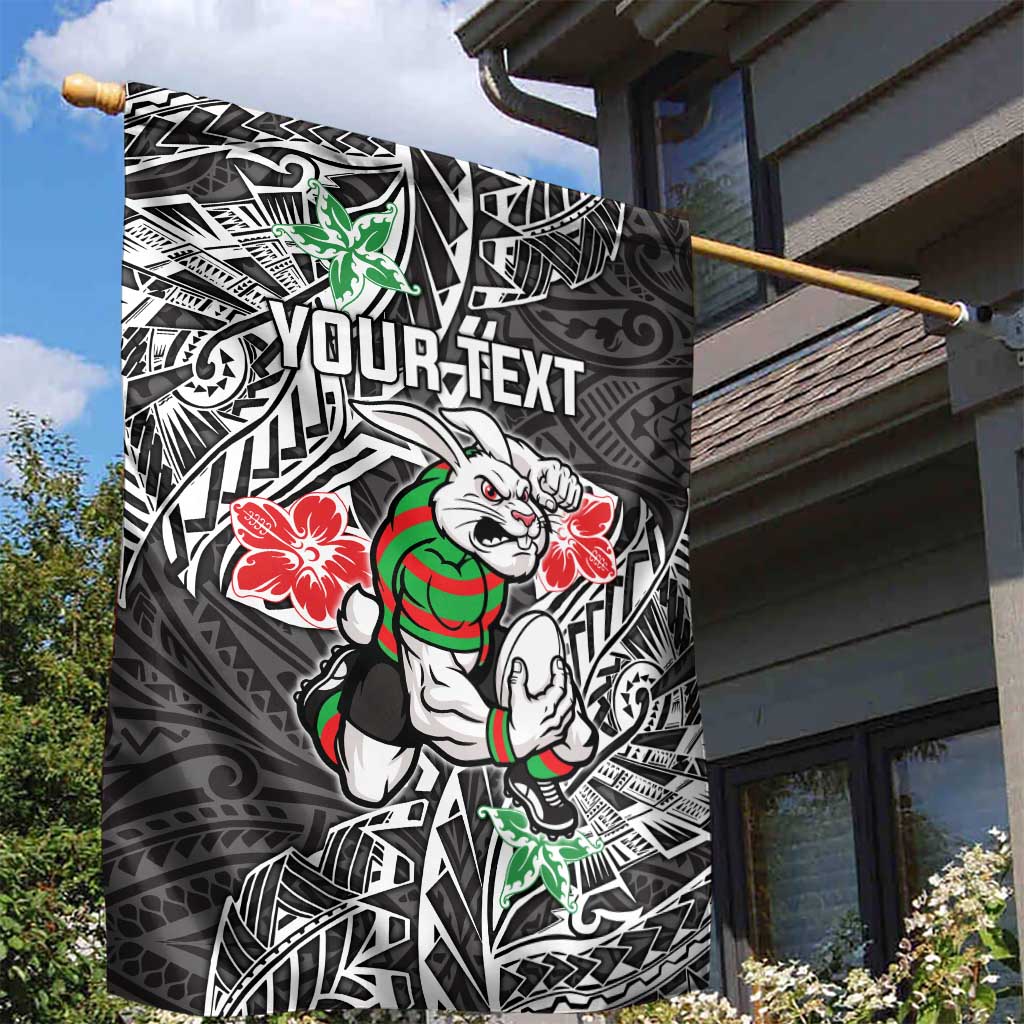 Personalised South Sydney Rabbitohs Garden Flag Polynesian Tribal Pattern With Rugby Rabbit Mascot Art