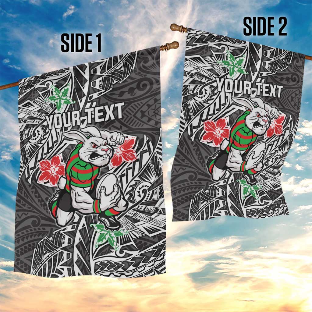 Personalised South Sydney Rabbitohs Garden Flag Polynesian Tribal Pattern With Rugby Rabbit Mascot Art