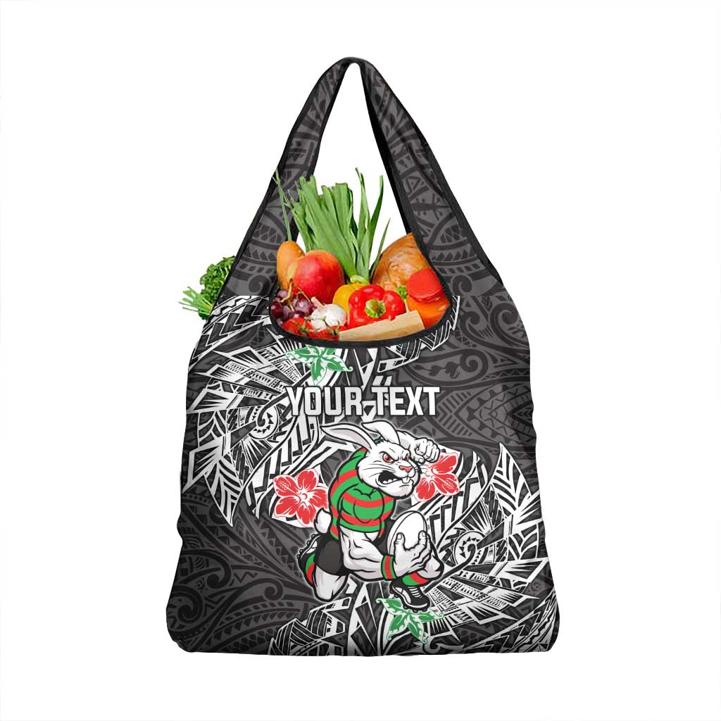 Personalised South Sydney Rabbitohs Grocery Bag Polynesian Tribal Pattern With Rugby Rabbit Mascot Art