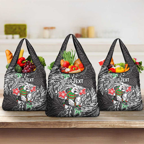 Personalised South Sydney Rabbitohs Grocery Bag Polynesian Tribal Pattern With Rugby Rabbit Mascot Art