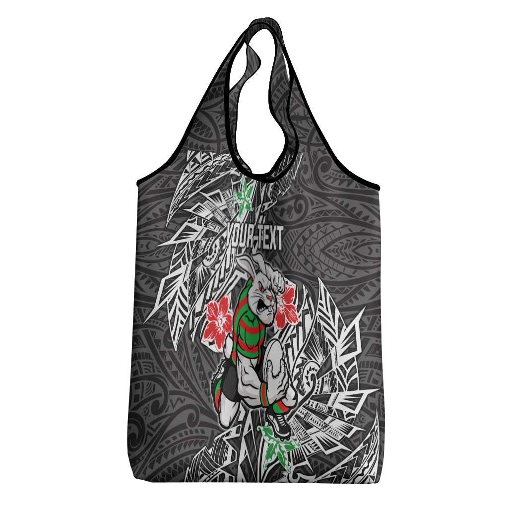 Personalised South Sydney Rabbitohs Grocery Bag Polynesian Tribal Pattern With Rugby Rabbit Mascot Art