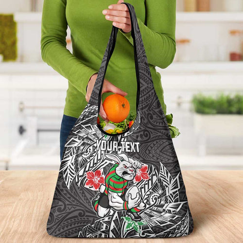 Personalised South Sydney Rabbitohs Grocery Bag Polynesian Tribal Pattern With Rugby Rabbit Mascot Art