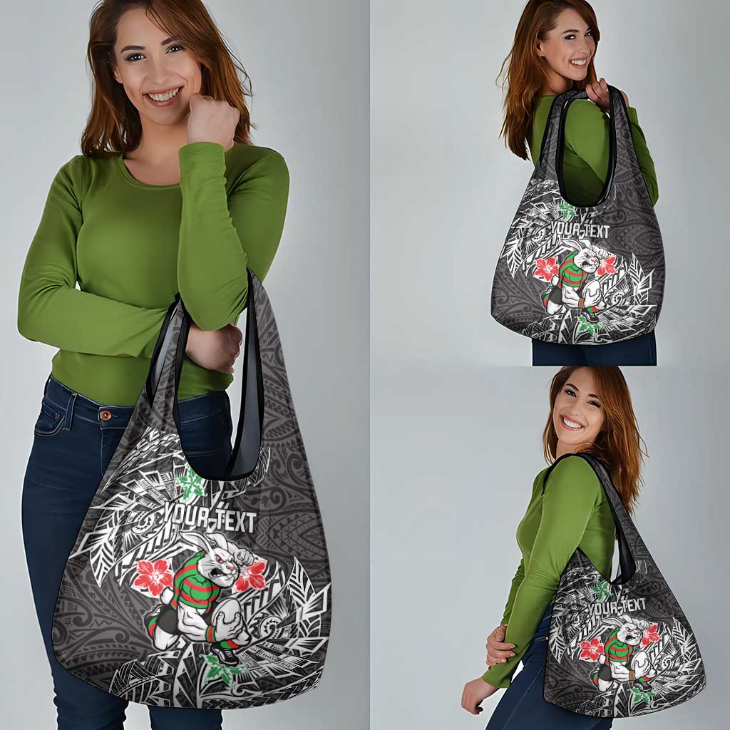 Personalised South Sydney Rabbitohs Grocery Bag Polynesian Tribal Pattern With Rugby Rabbit Mascot Art