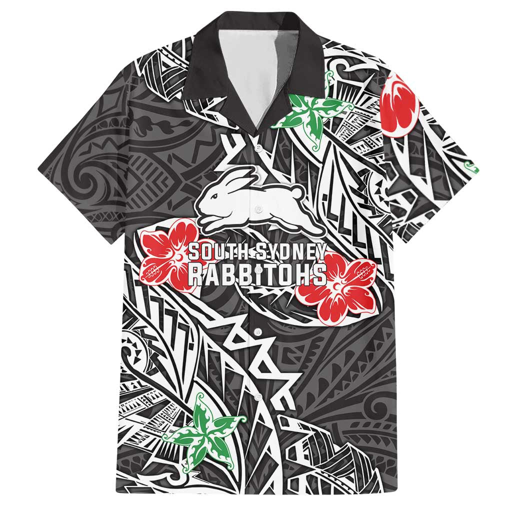 Personalised South Sydney Rabbitohs Hawaiian Shirt Polynesian Tribal Pattern With Rugby Rabbit Mascot Art