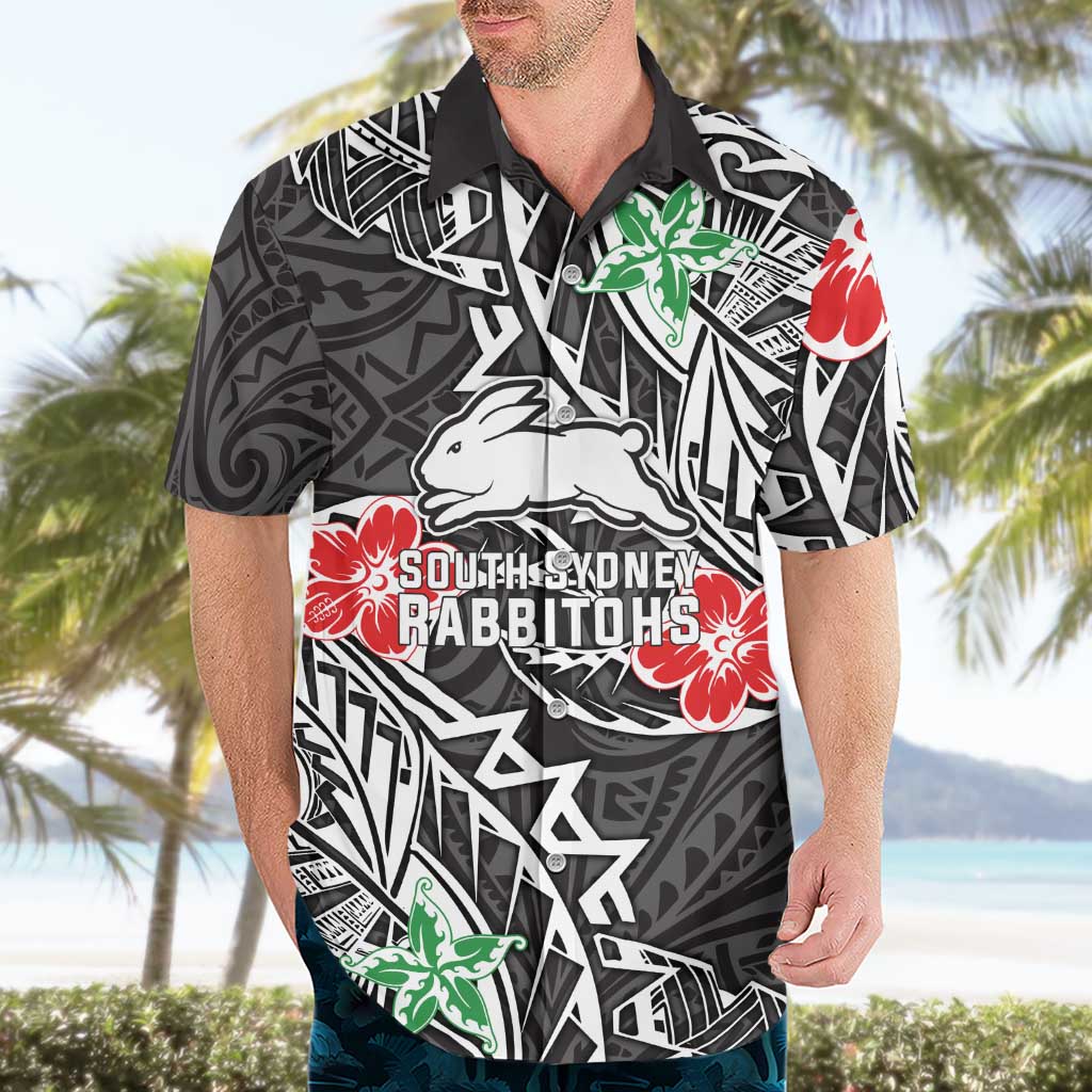 Personalised South Sydney Rabbitohs Hawaiian Shirt Polynesian Tribal Pattern With Rugby Rabbit Mascot Art
