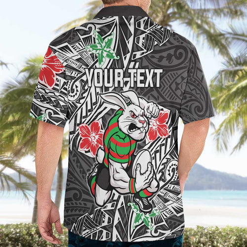 Personalised South Sydney Rabbitohs Hawaiian Shirt Polynesian Tribal Pattern With Rugby Rabbit Mascot Art
