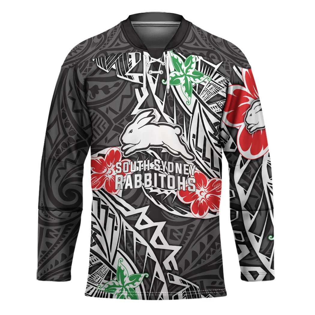 Personalised South Sydney Rabbitohs Hockey Jersey Polynesian Tribal Pattern With Rugby Rabbit Mascot Art