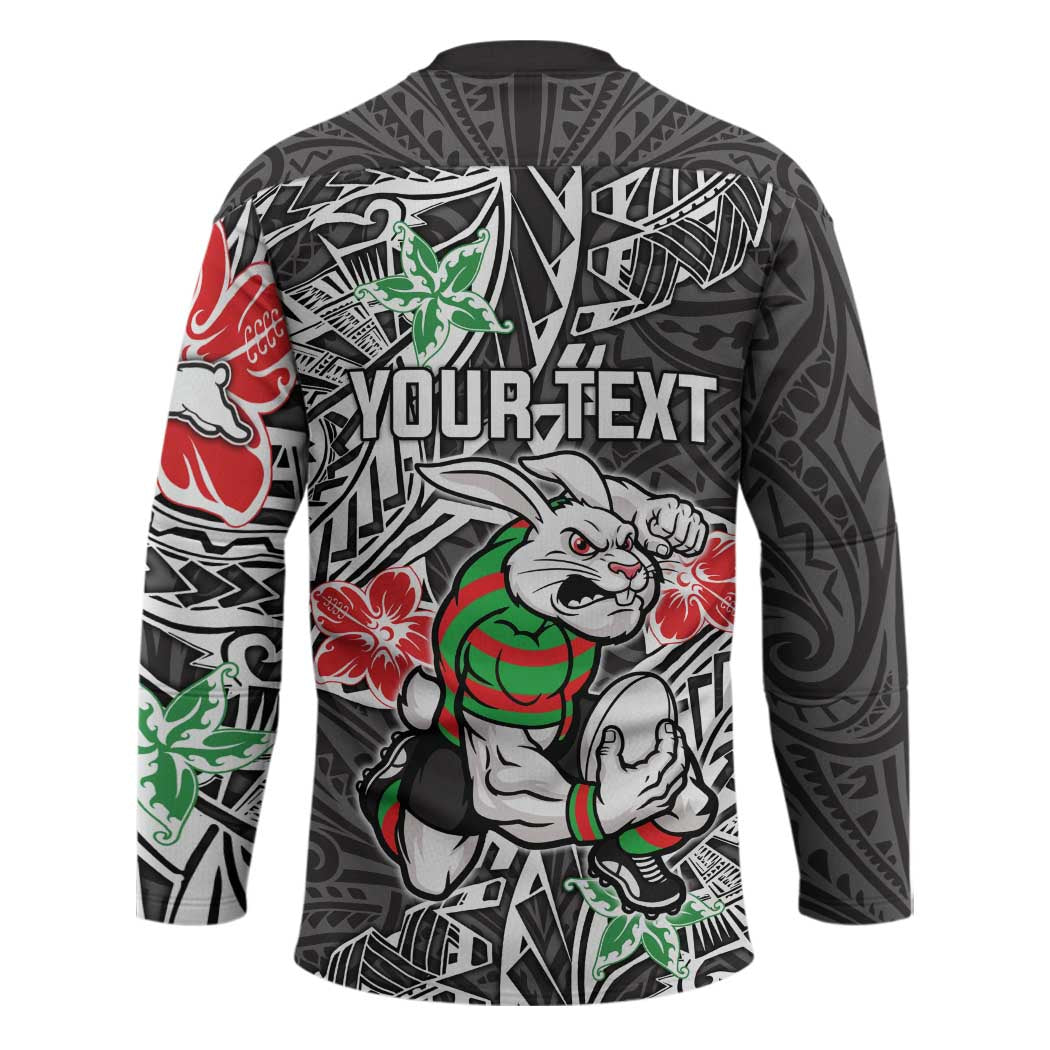 Personalised South Sydney Rabbitohs Hockey Jersey Polynesian Tribal Pattern With Rugby Rabbit Mascot Art