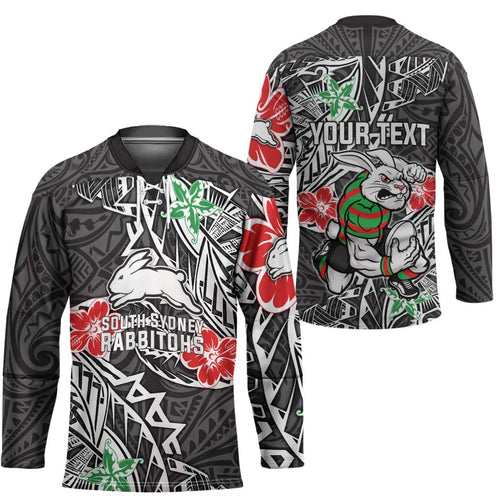 Personalised South Sydney Rabbitohs Hockey Jersey Polynesian Tribal Pattern With Rugby Rabbit Mascot Art