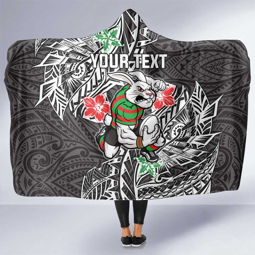 Personalised South Sydney Rabbitohs Hooded Blanket Polynesian Tribal Pattern With Rugby Rabbit Mascot Art
