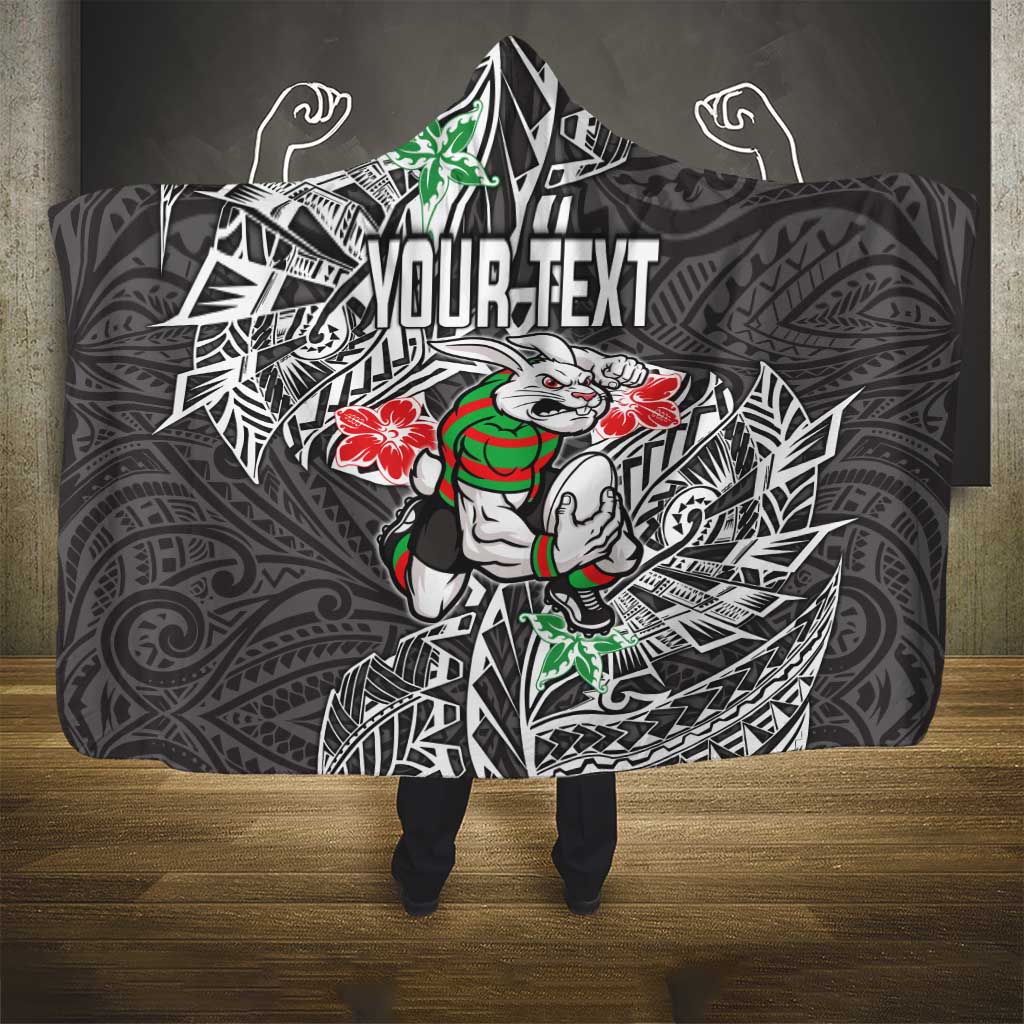 Personalised South Sydney Rabbitohs Hooded Blanket Polynesian Tribal Pattern With Rugby Rabbit Mascot Art