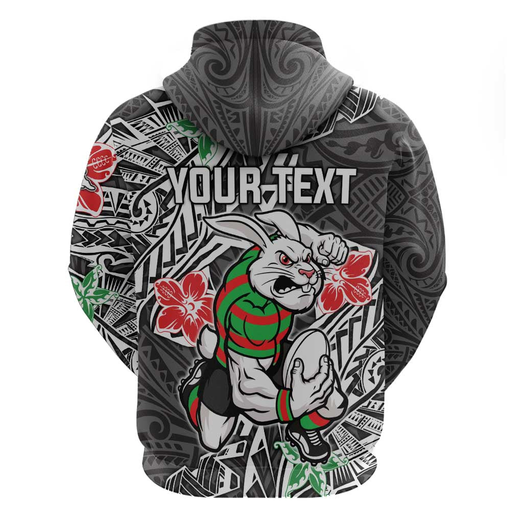 Personalised South Sydney Rabbitohs Hoodie Polynesian Tribal Pattern With Rugby Rabbit Mascot Art