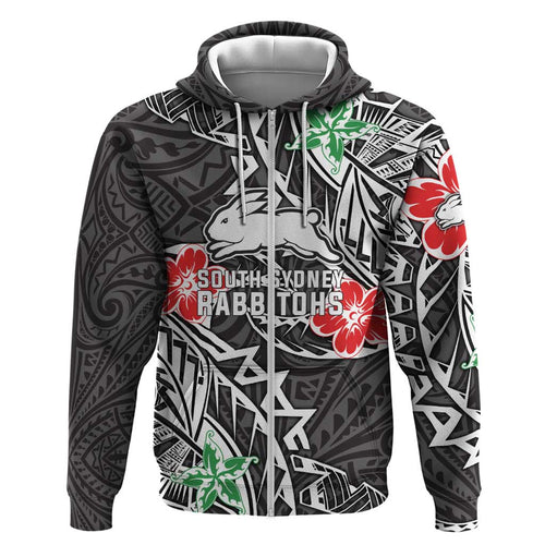 Personalised South Sydney Rabbitohs Hoodie Polynesian Tribal Pattern With Rugby Rabbit Mascot Art