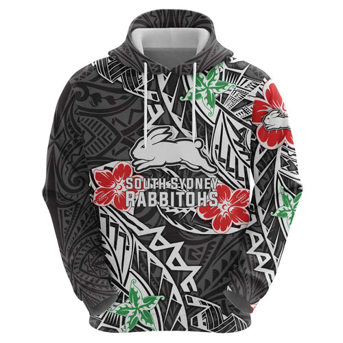 Personalised South Sydney Rabbitohs Hoodie Polynesian Tribal Pattern With Rugby Rabbit Mascot Art