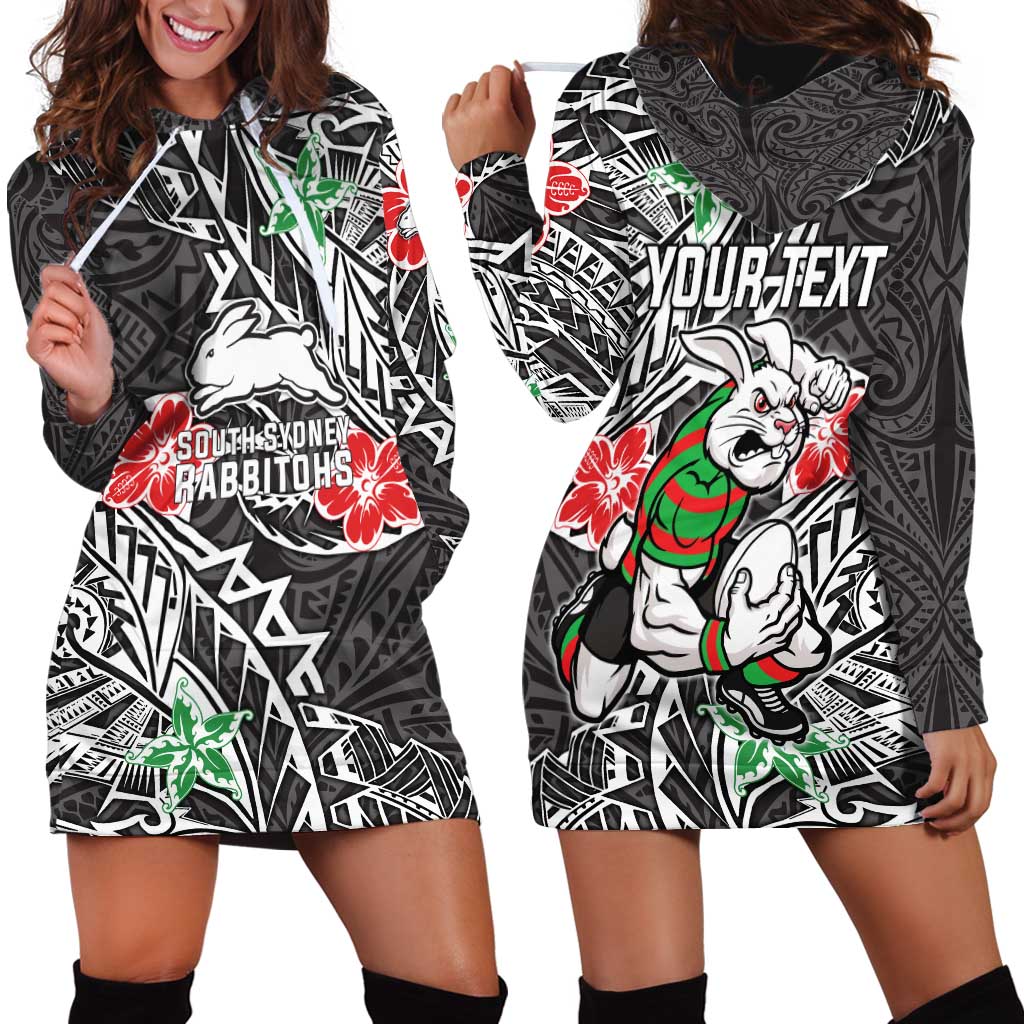 Personalised South Sydney Rabbitohs Hoodie Dress Polynesian Tribal Pattern With Rugby Rabbit Mascot Art