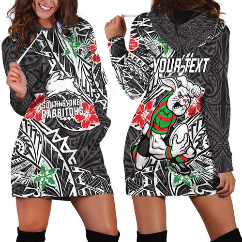Personalised South Sydney Rabbitohs Hoodie Dress Polynesian Tribal Pattern With Rugby Rabbit Mascot Art