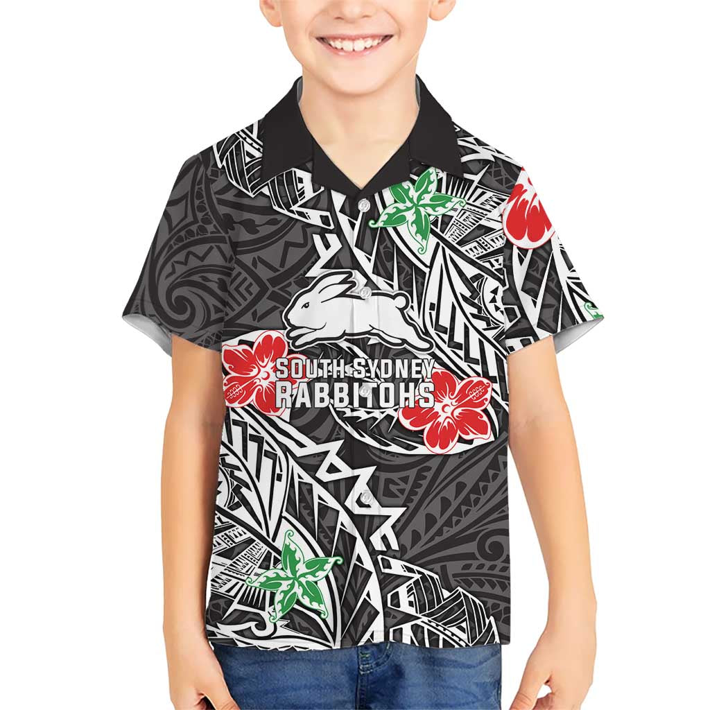 Personalised South Sydney Rabbitohs Kid Hawaiian Shirt Polynesian Tribal Pattern With Rugby Rabbit Mascot Art
