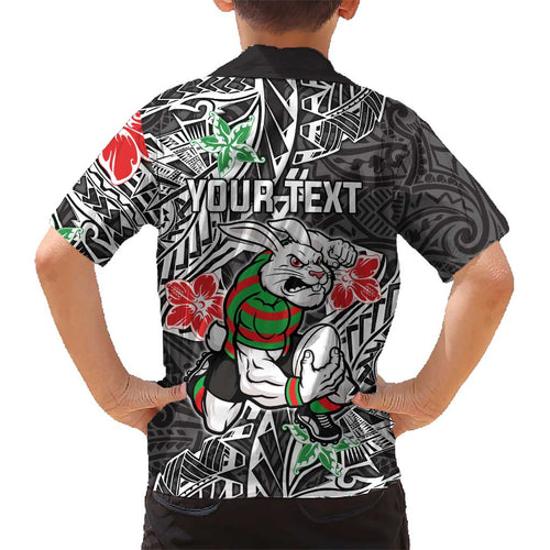 Personalised South Sydney Rabbitohs Kid Hawaiian Shirt Polynesian Tribal Pattern With Rugby Rabbit Mascot Art