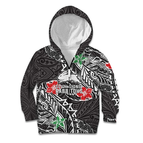Personalised South Sydney Rabbitohs Kid Hoodie Polynesian Tribal Pattern With Rugby Rabbit Mascot Art