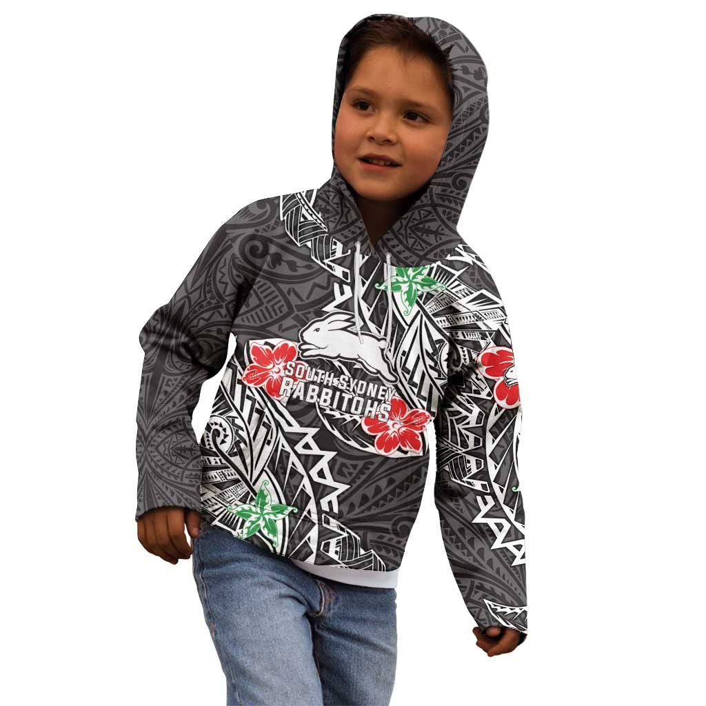 Personalised South Sydney Rabbitohs Kid Hoodie Polynesian Tribal Pattern With Rugby Rabbit Mascot Art