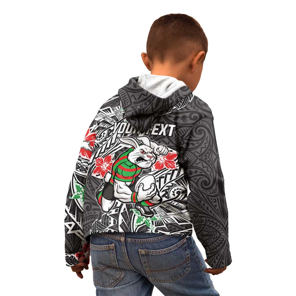 Personalised South Sydney Rabbitohs Kid Hoodie Polynesian Tribal Pattern With Rugby Rabbit Mascot Art