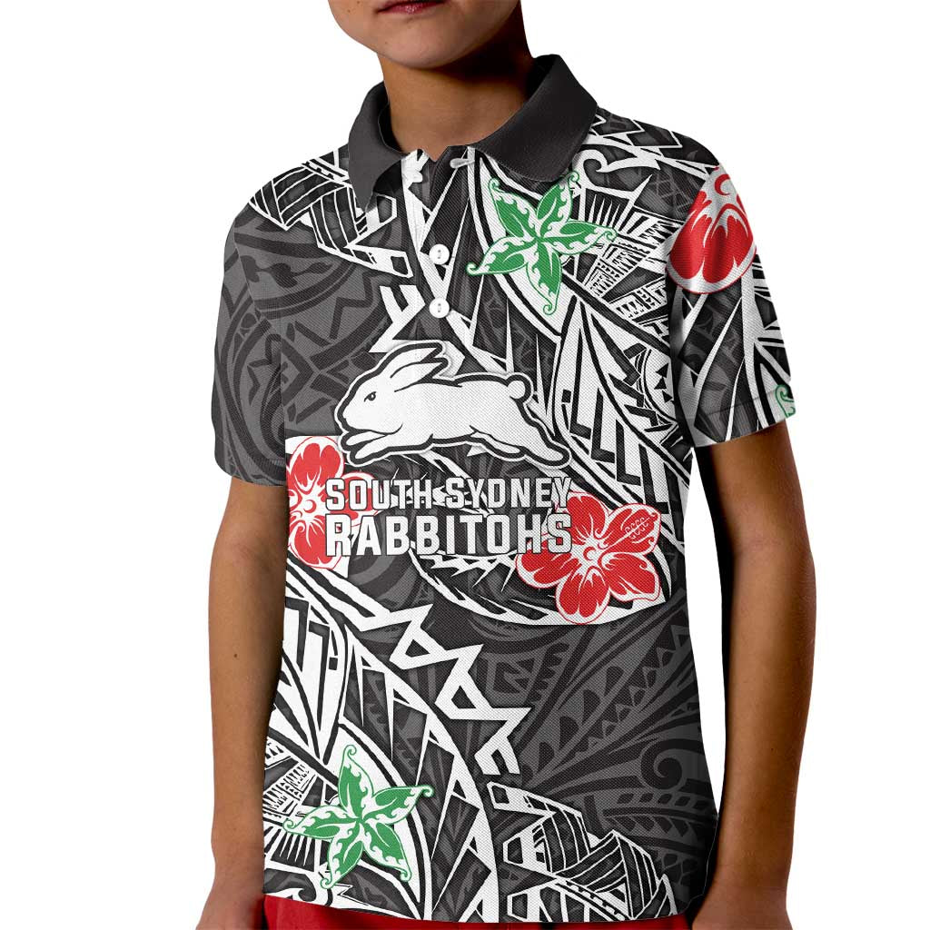 Personalised South Sydney Rabbitohs Kid Polo Shirt Polynesian Tribal Pattern With Rugby Rabbit Mascot Art
