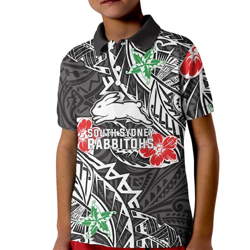 Personalised South Sydney Rabbitohs Kid Polo Shirt Polynesian Tribal Pattern With Rugby Rabbit Mascot Art