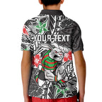 Personalised South Sydney Rabbitohs Kid Polo Shirt Polynesian Tribal Pattern With Rugby Rabbit Mascot Art