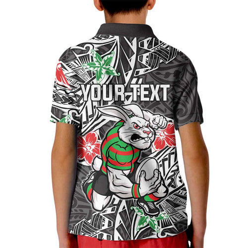 Personalised South Sydney Rabbitohs Kid Polo Shirt Polynesian Tribal Pattern With Rugby Rabbit Mascot Art