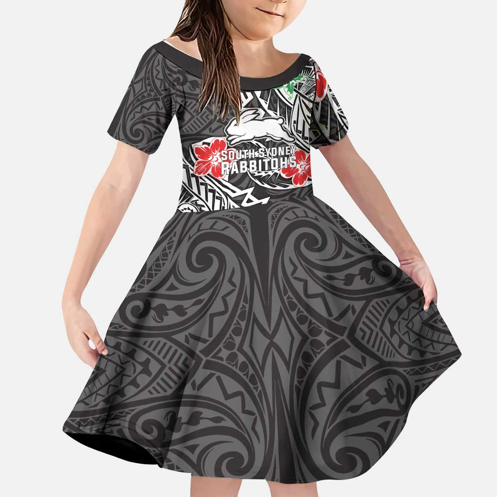 Personalised South Sydney Rabbitohs Kid Short Sleeve Dress Polynesian Tribal Pattern With Rugby Rabbit Mascot Art