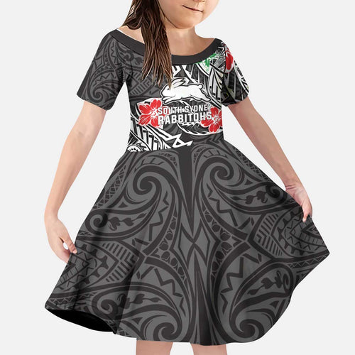 Personalised South Sydney Rabbitohs Kid Short Sleeve Dress Polynesian Tribal Pattern With Rugby Rabbit Mascot Art