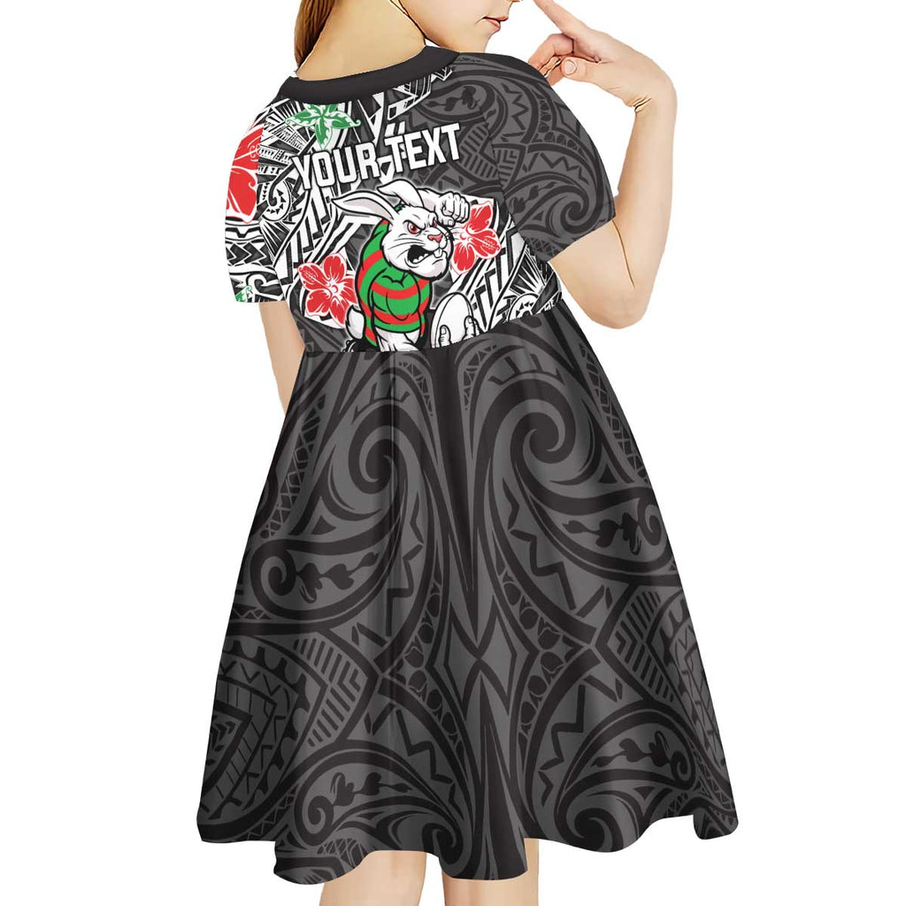 Personalised South Sydney Rabbitohs Kid Short Sleeve Dress Polynesian Tribal Pattern With Rugby Rabbit Mascot Art