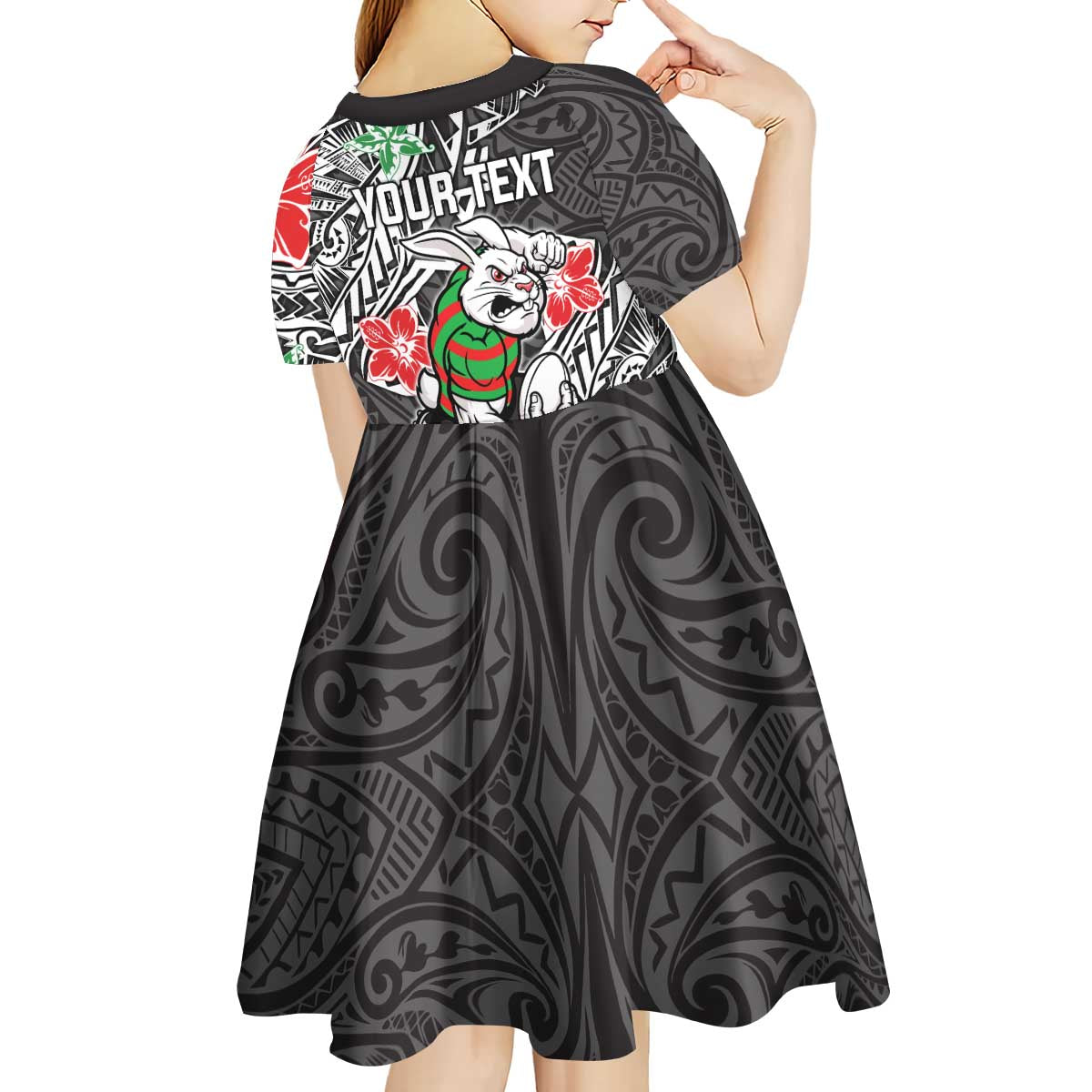 Personalised South Sydney Rabbitohs Kid Short Sleeve Dress Polynesian Tribal Pattern With Rugby Rabbit Mascot Art