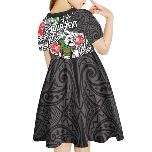 Personalised South Sydney Rabbitohs Kid Short Sleeve Dress Polynesian Tribal Pattern With Rugby Rabbit Mascot Art