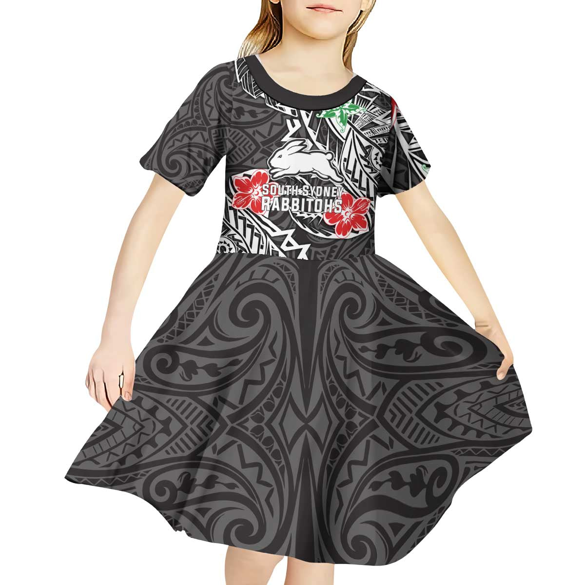 Personalised South Sydney Rabbitohs Kid Short Sleeve Dress Polynesian Tribal Pattern With Rugby Rabbit Mascot Art