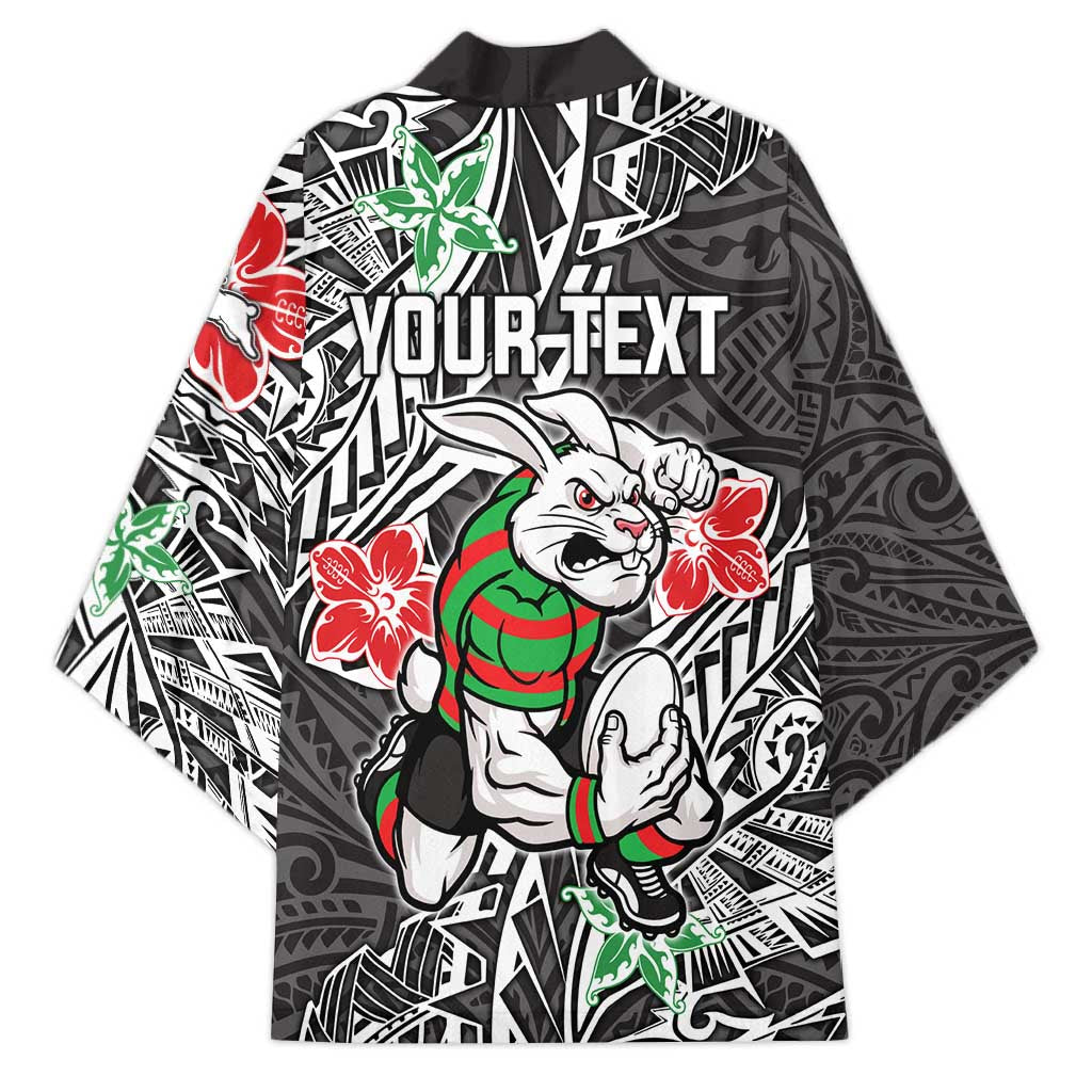 Personalised South Sydney Rabbitohs Kimono Polynesian Tribal Pattern With Rugby Rabbit Mascot Art