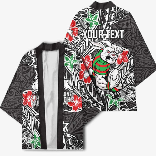 Personalised South Sydney Rabbitohs Kimono Polynesian Tribal Pattern With Rugby Rabbit Mascot Art